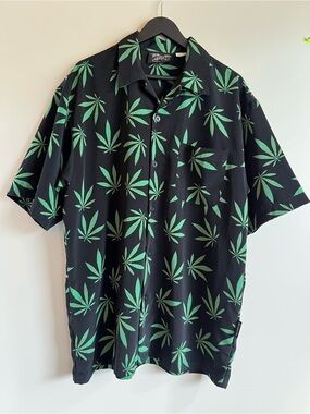 Dragonfly Cannabis Leaf Button Up Shirt XL Black Green Novelty Camp Shirt Mens